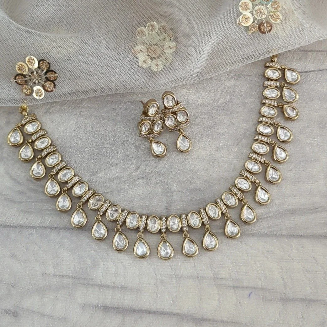 Antique Gold Silver Double Layered Indian Asian Moissanite Neckline Jewellery Set