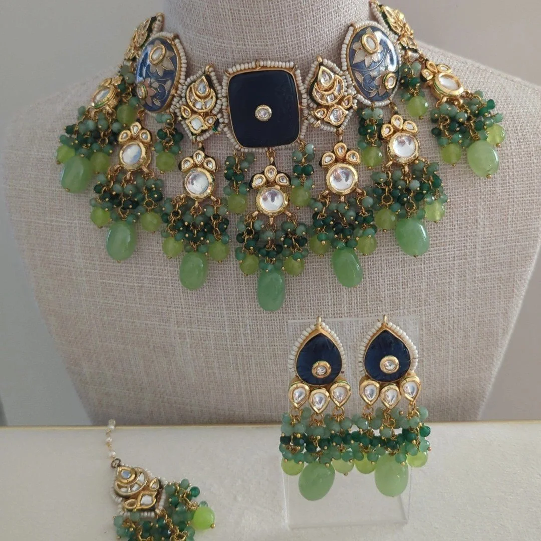 Dark Blue & Apple Mint Meenakari Kundan Indian Asian Choker Necklace Jewellery Set