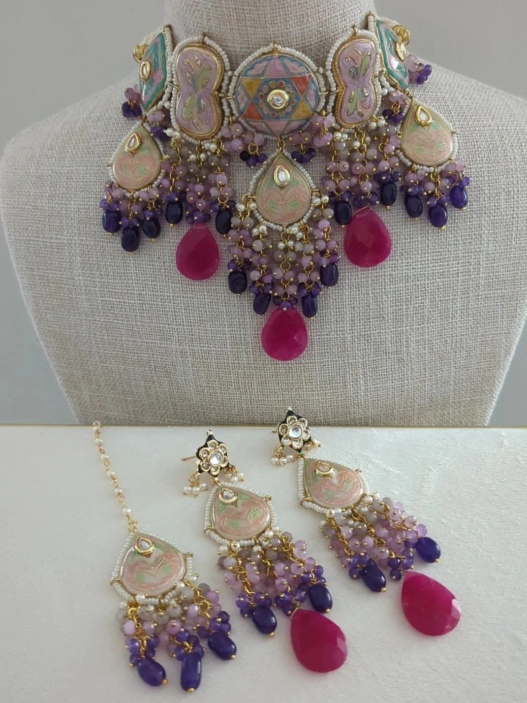 Hot Pink Purple Indian Asian Meenakari Kundan Choker Necklace Jewellery Jewelry Se