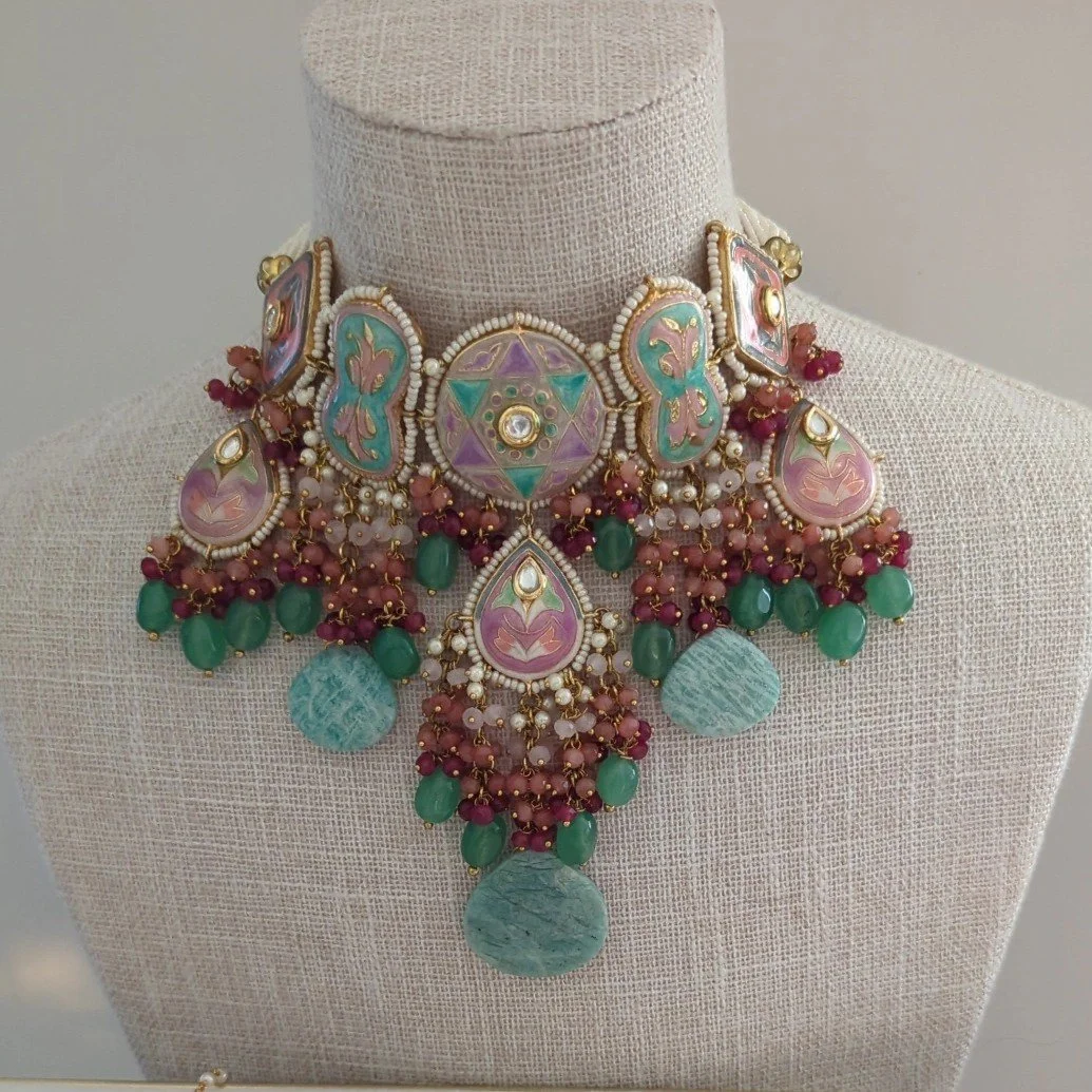 Ocean Mint Pastel Kundan Stone Meenakari Flexible Choker Necklace Set