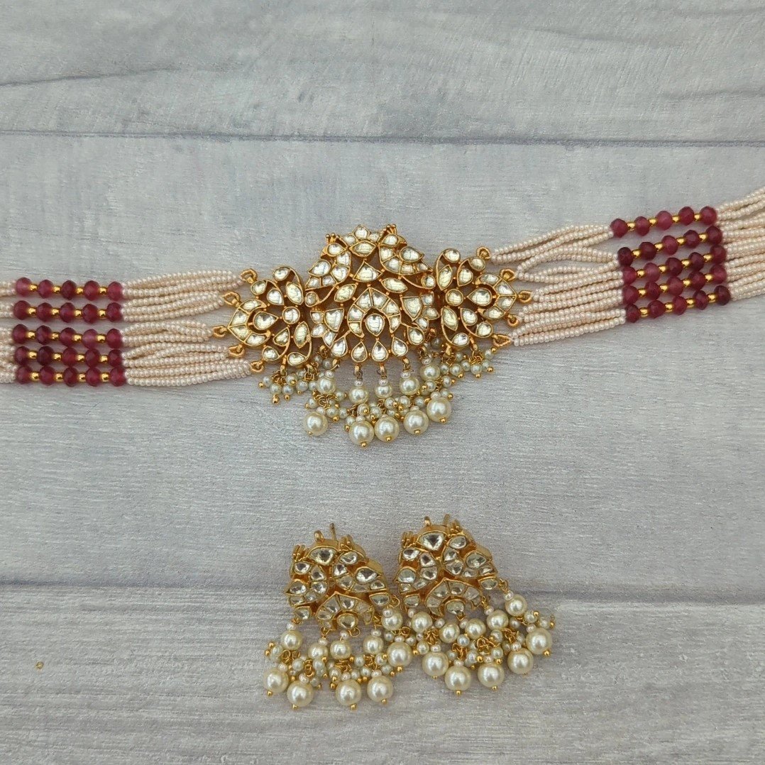 Ruby Maroon Pachi Kundan Choker Jewellery Set