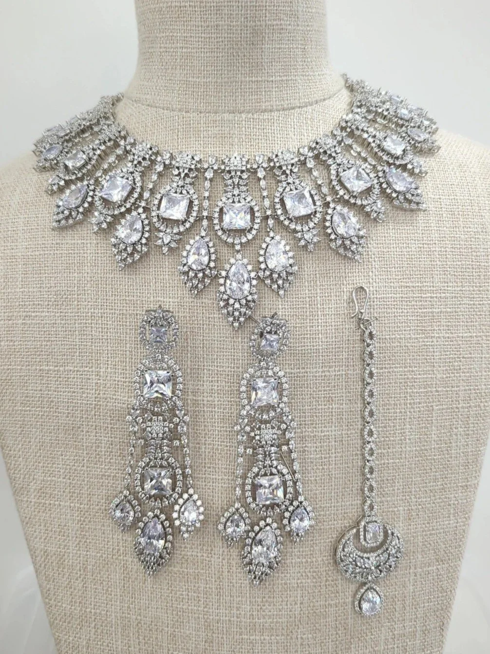 Full Silver  American Diamond Cubic Zirconia Bridal Choker Set