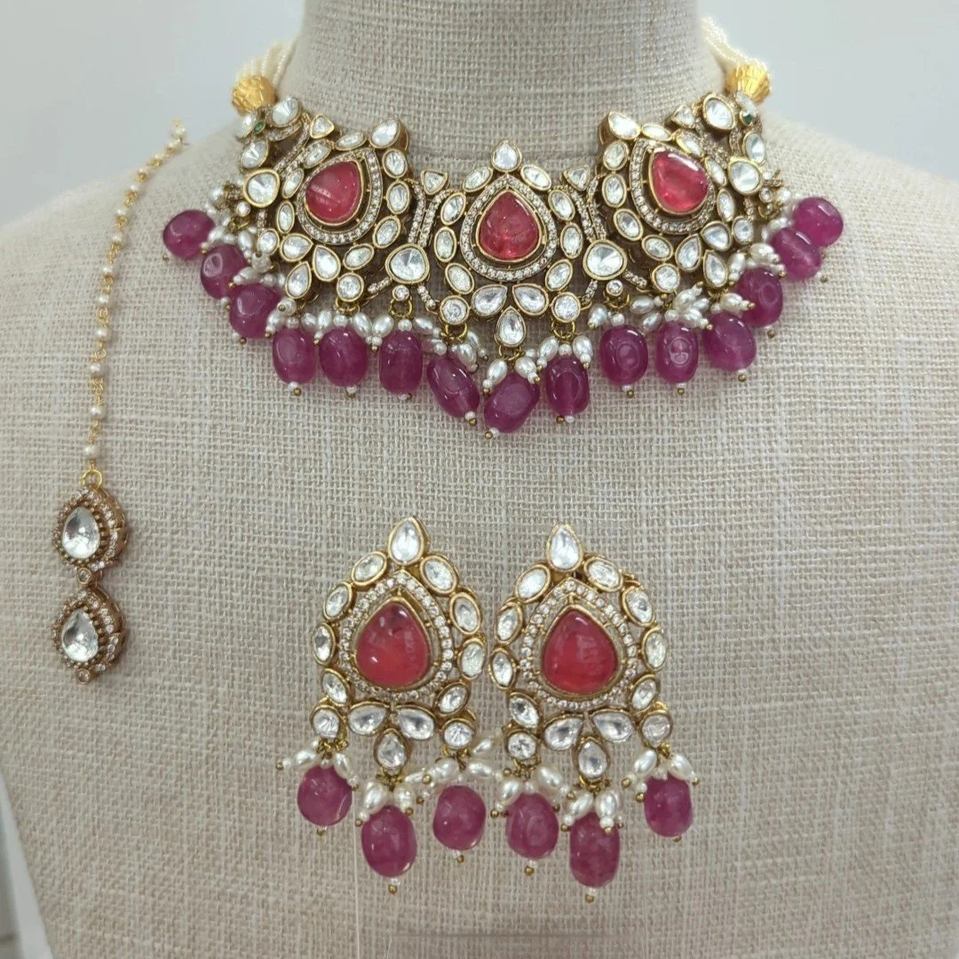 Berry Pink Gold Silver Moissanite Choker Necklace Jewellery Jewelry Set Wedding Party