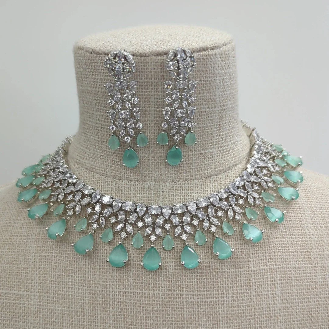 Mint Silver Indian Asian American Diamond Necklace Jewellery Jewelry Set