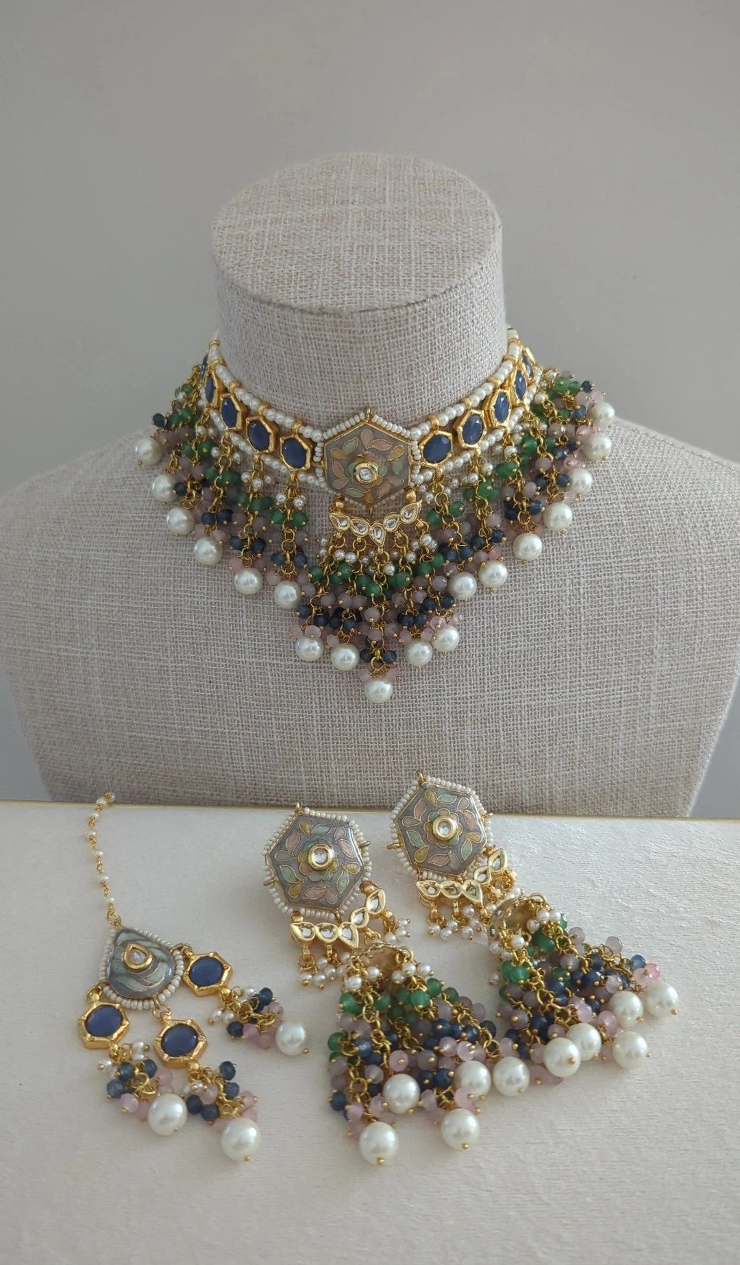 Blue Mint Dusty Pink Flexible Meenakari Choker or Necklace Jewellery Set