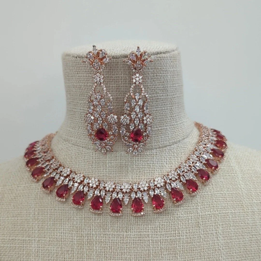 Ruby Pink Rose Gold Silver Cubic Zirconia Necklace Jewellery Set