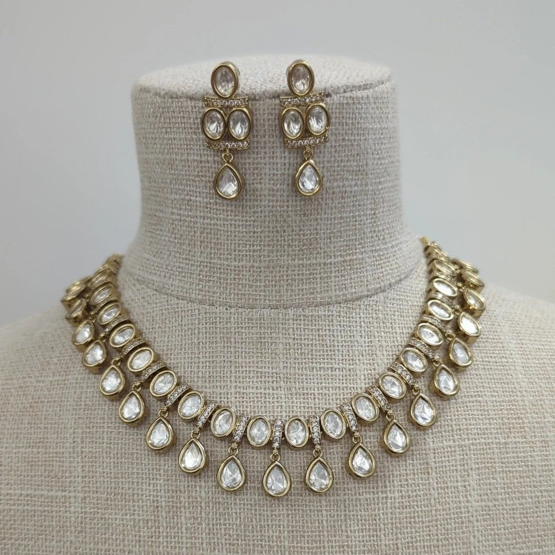 Antique Gold Silver Double Layered Indian Asian Moissanite Neckline Jewellery Set
