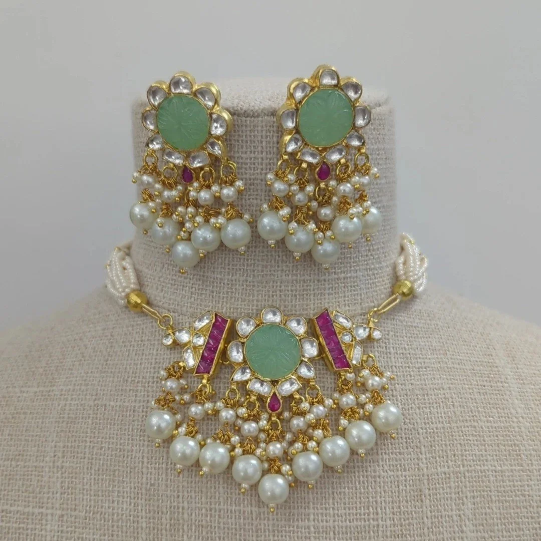 Simple Mint Pearl Gold Silver Pachi Kundan Choker Jewellery Set