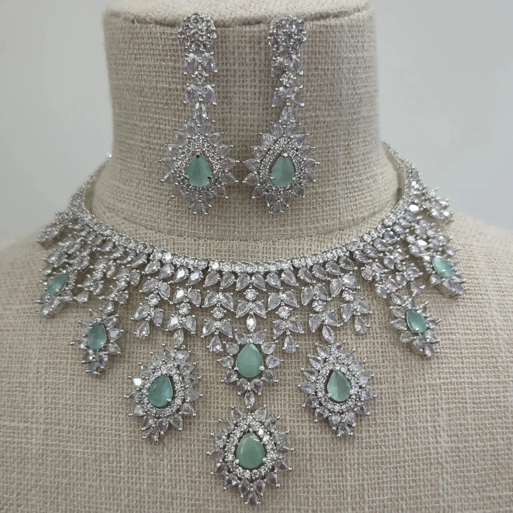 Mint Full Silver Indian Asian Cubic Zirconia American Diamond Reception Party Bridal Necklace Set