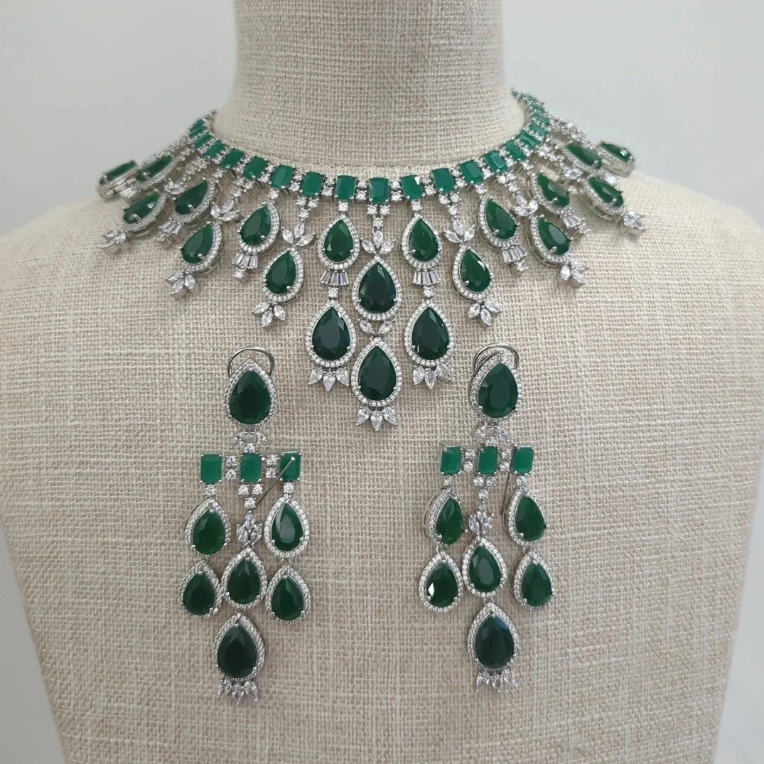 Green Silver Statement American Diamond Cubic Zirconia Bridal Choker Set