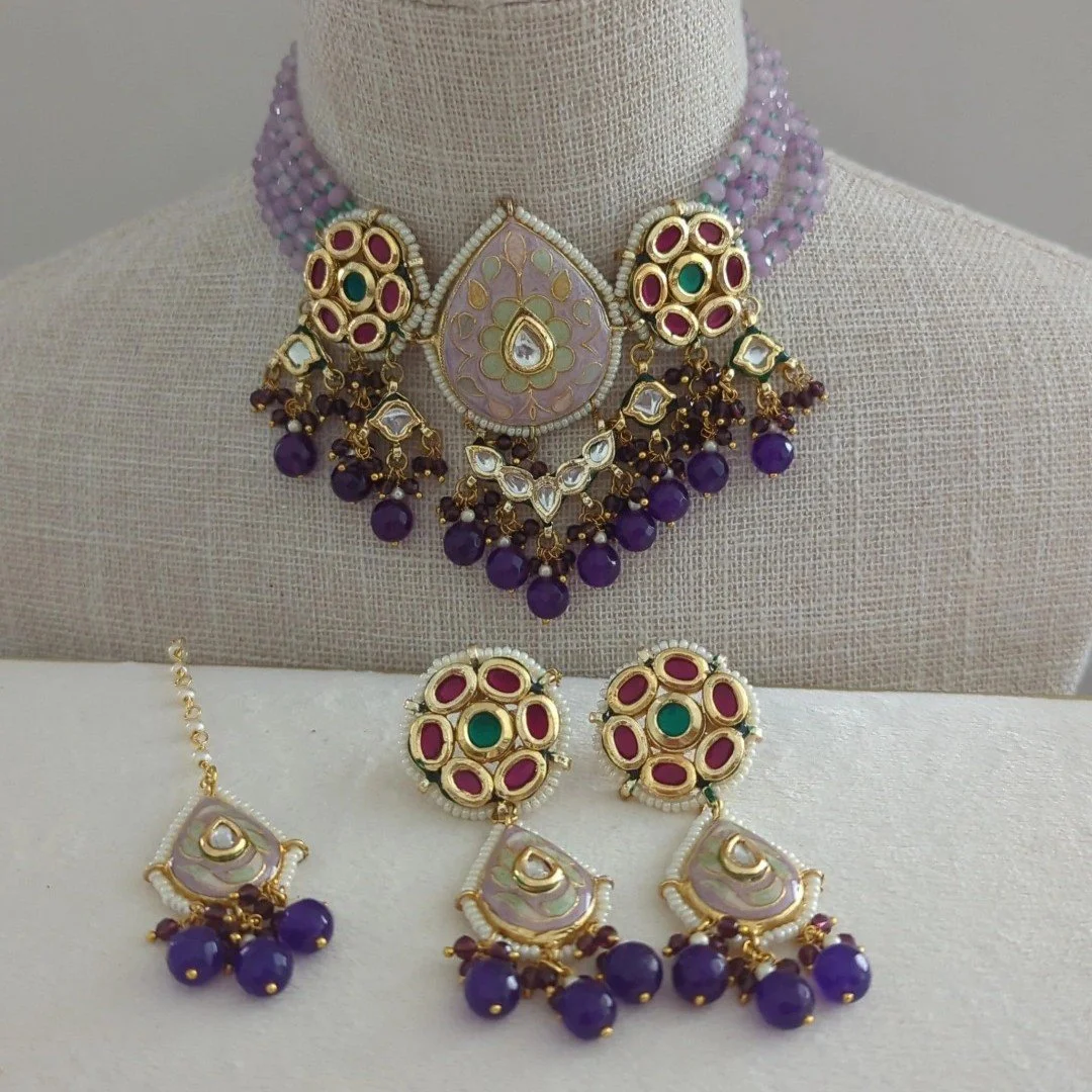 Purple Lilac Meenakari Kundan Flexible Choker Necklace Jewellery Set