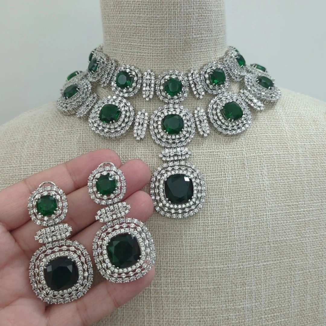 Emerald Green Silver Statement American Choker Necklace Jewellery Set Wedding Bridal