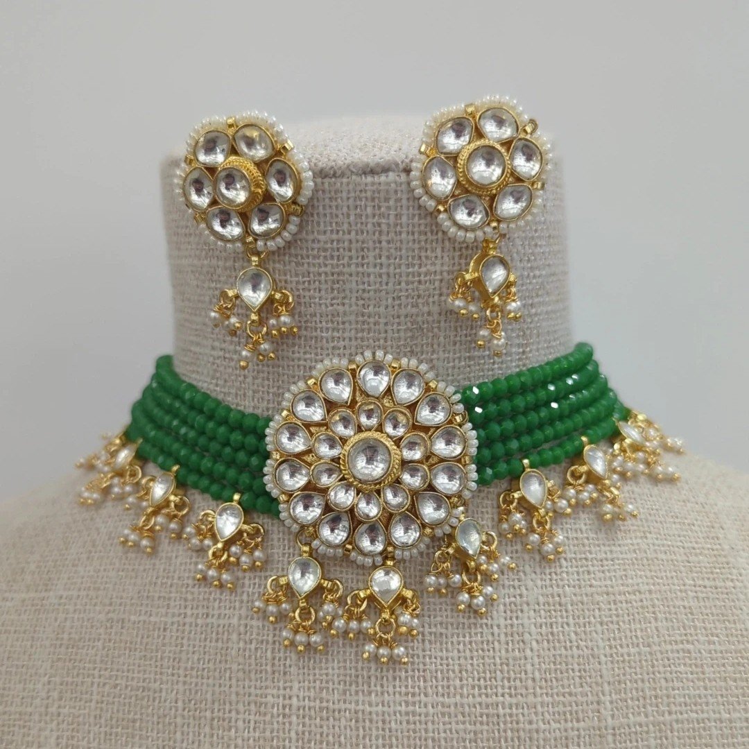Jade Green Gold Silver Pachi Kundan Choker Jewellery Set