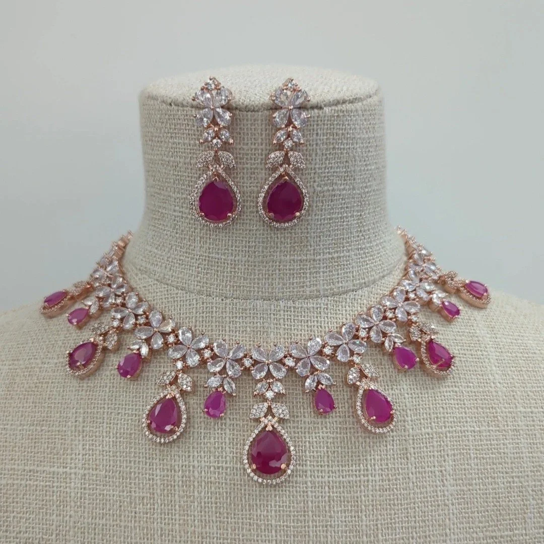 Ruby Pink Rose Gold Silver Cubic Zirconia Necklace Jewellery Set