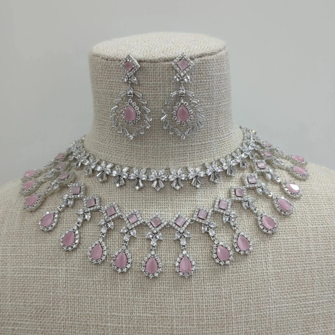 Baby Pink Silver American Diamond Necklace Jewellery Set Bridal Wedding Party