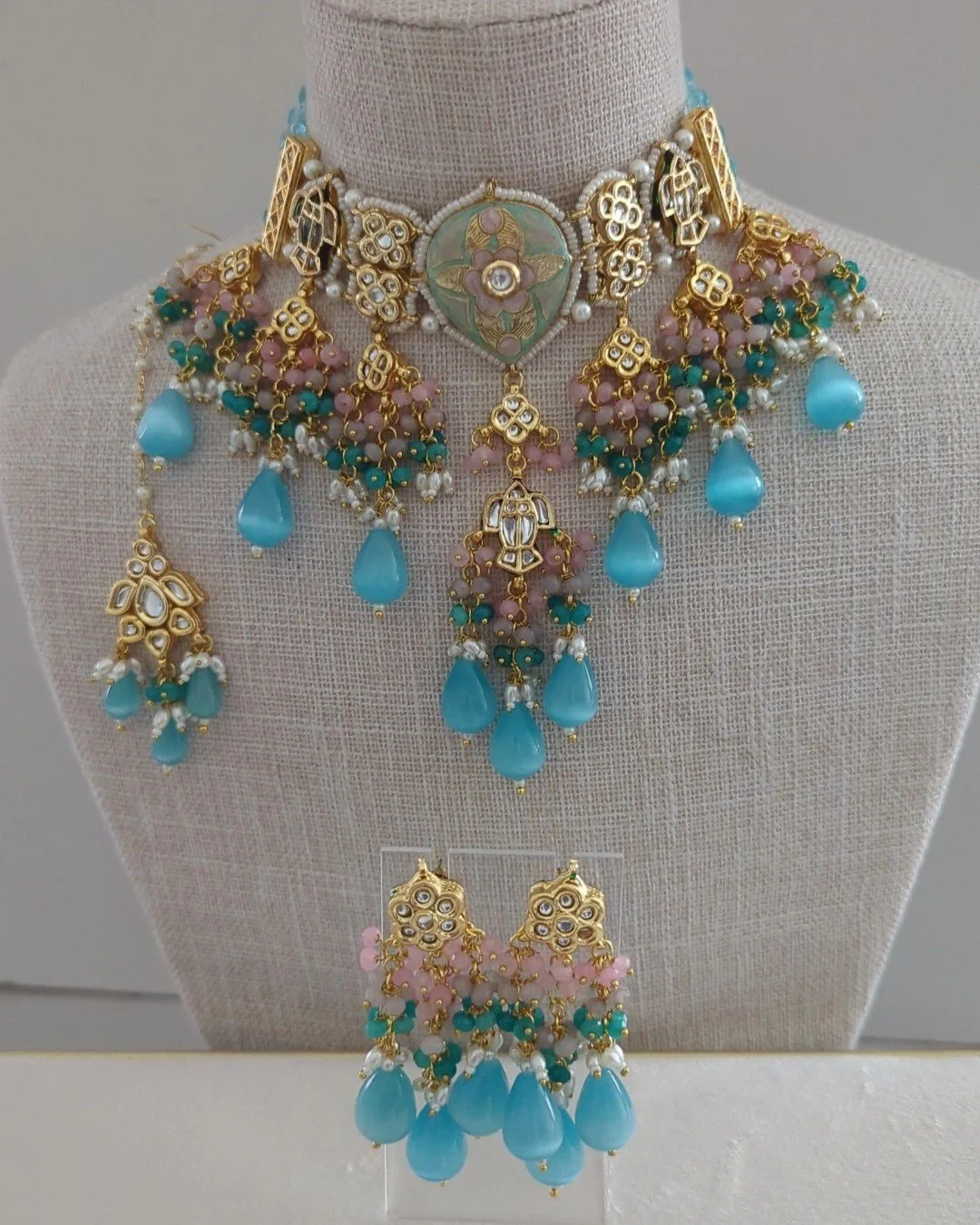 Baby Blue Baby Pink Meenakari Kundan Indian Asian Choker Necklace Jewellery Jewelry Set