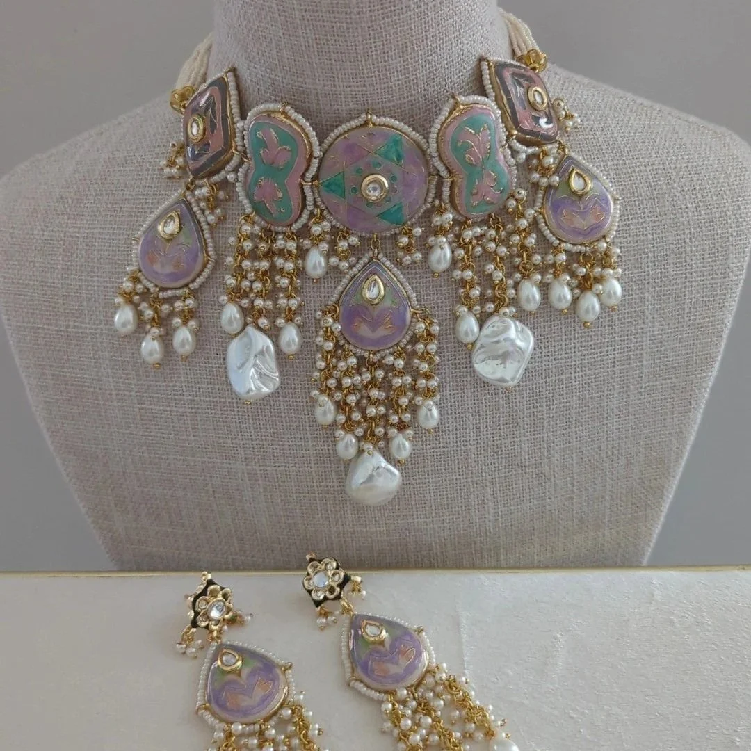 Pastel Pearl Meenakari Kundan Indian Asian Choker Necklace Jewellery Jewelry Set