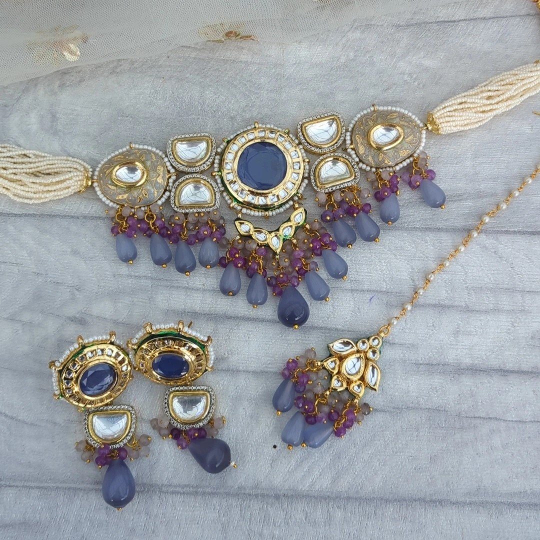 Lilac Lavender Flexible Meenakari Kundan Necklace Jewellery Set