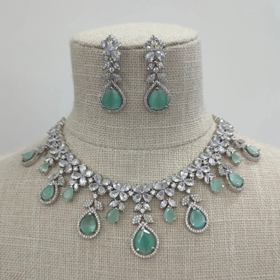 Mint Silver American Diamond Indian Asian Partywear Necklace Jewellery Jewelry Set