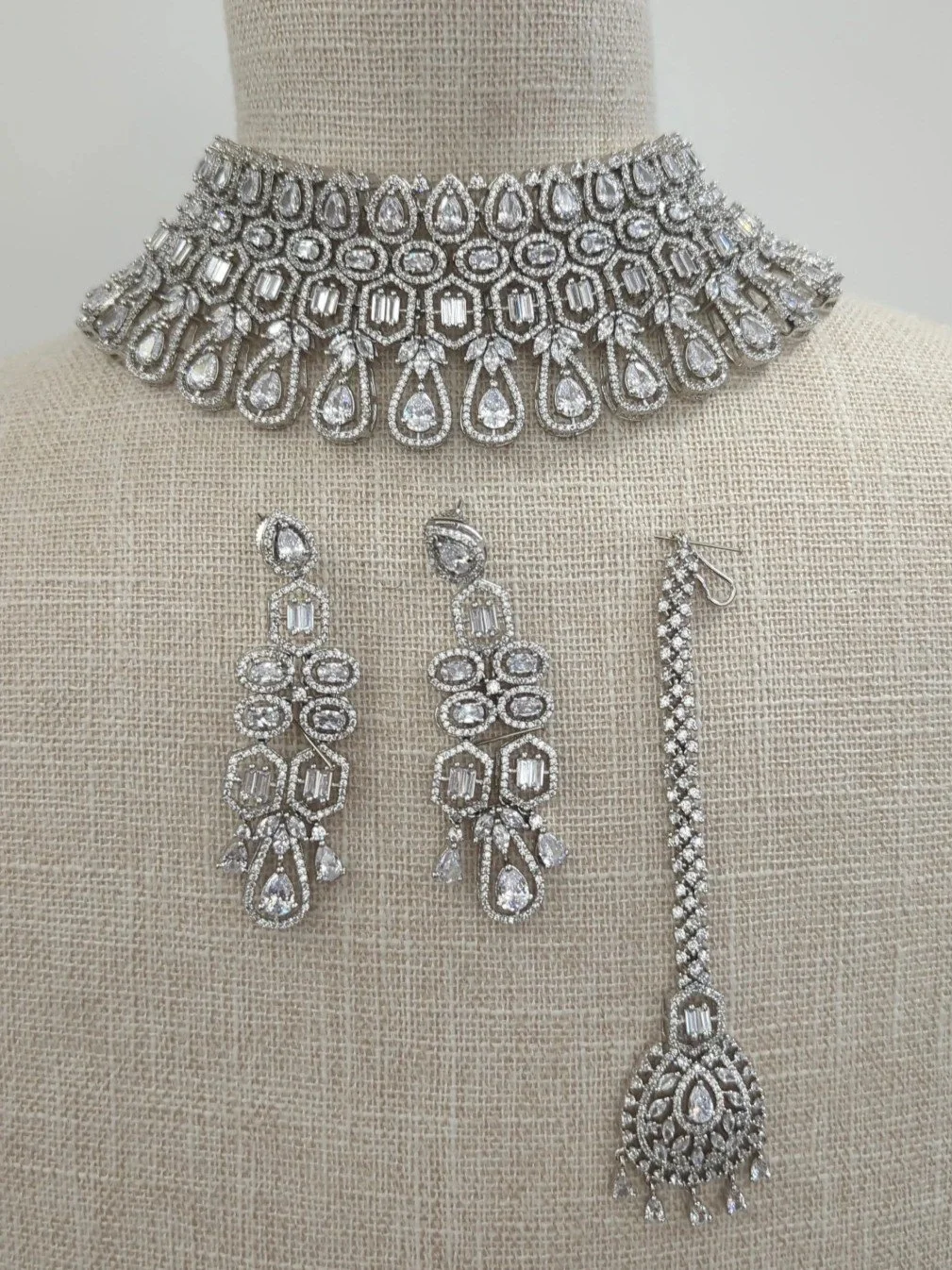 Full Silver Indian Asian American Diamond Choker Necklace Jewellery Set Wedding Bridal