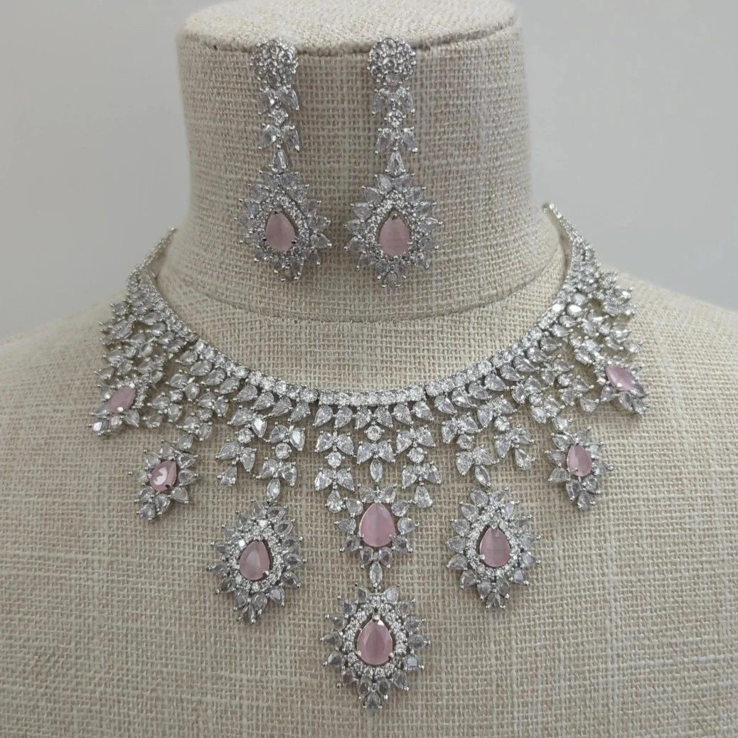 Baby Pink Silver Indian Asian American Diamond Necklace Jewellery Jewelry Set Wedding Party (