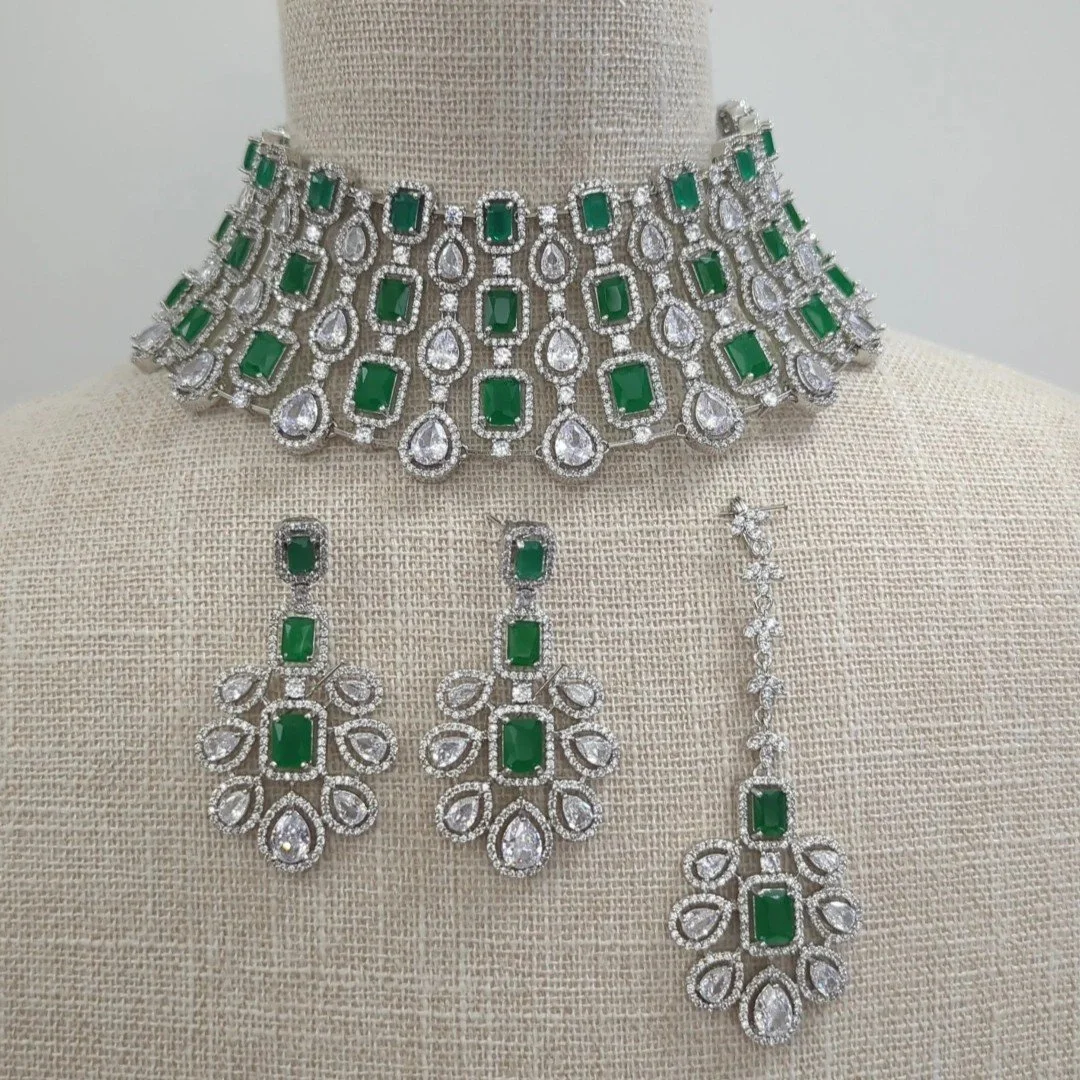 Green Silver Indian Asian American Diamond Choker Necklace Jewellery Set Wedding Bridal