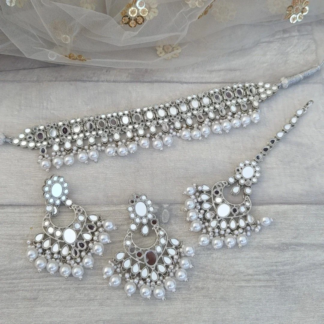 Full Silver Mirror Stone Indian Asian Choker Necklace Jewellery Jewelry Set