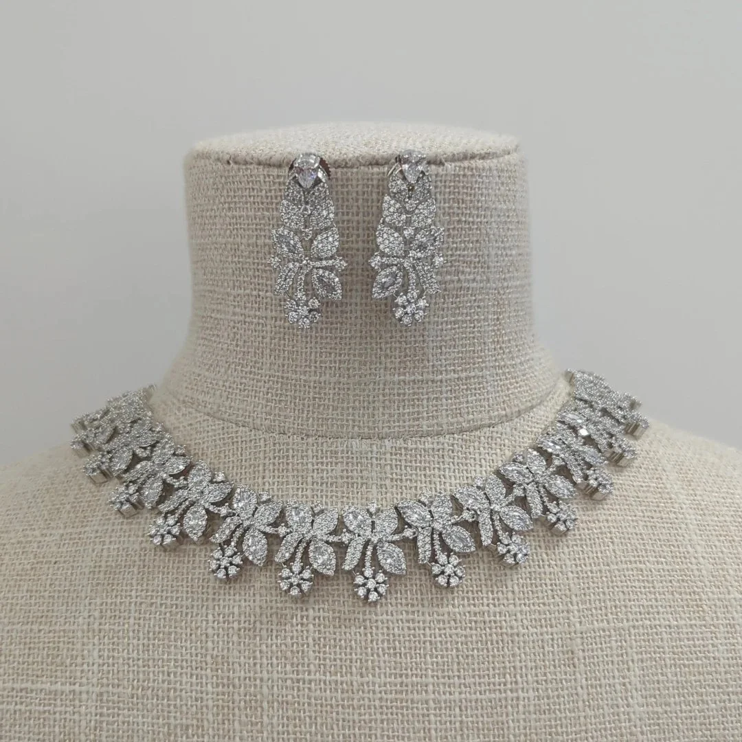 Full Silver American Diamond Indian Asian Neckline Jewellery Set Bridal Wedding Party