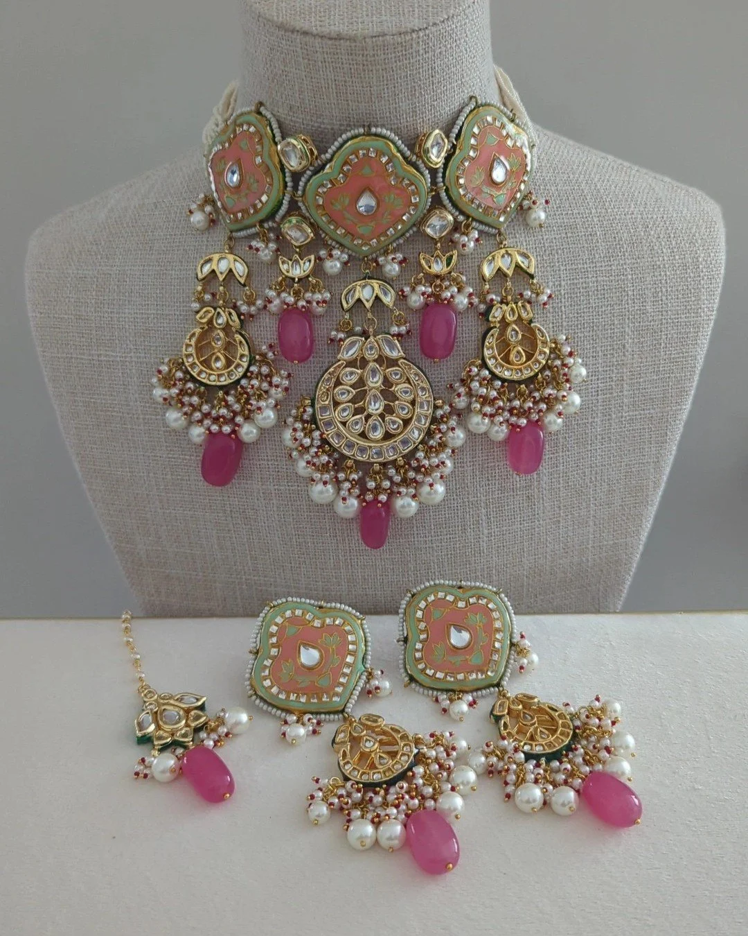 Rasberry Pink Indian Asian Meenakari Kundan Choker Necklace Jewellery Jewelry Set