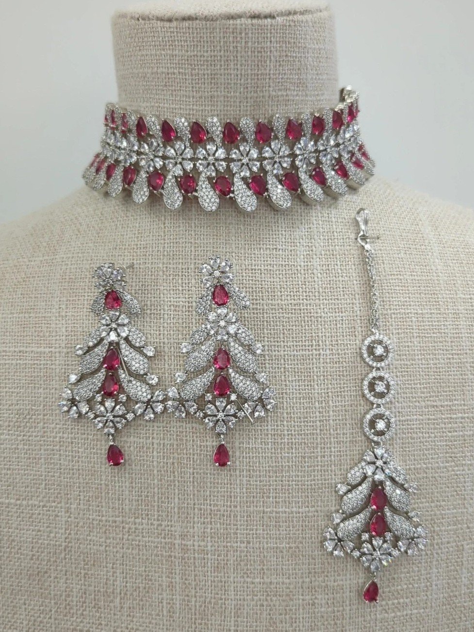 Ruby Maroon Silver Indian Asian American Diamond Choker Necklace Jewellery Jewelry Set Wedding Party