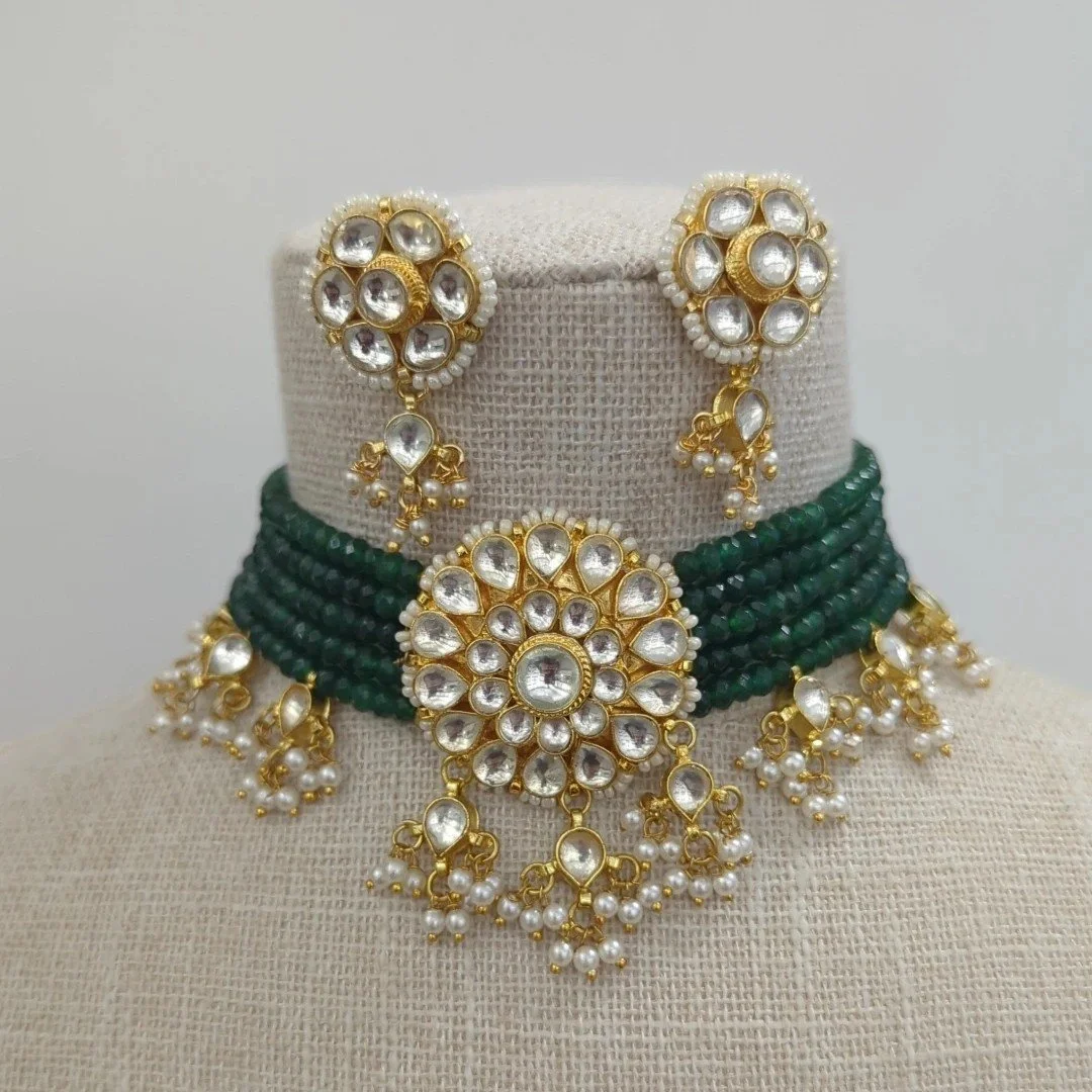 Green Gold Silver Pachi Kundan Indian Asian Choker Necklace Jewellery Jewelry Set Wedding Party