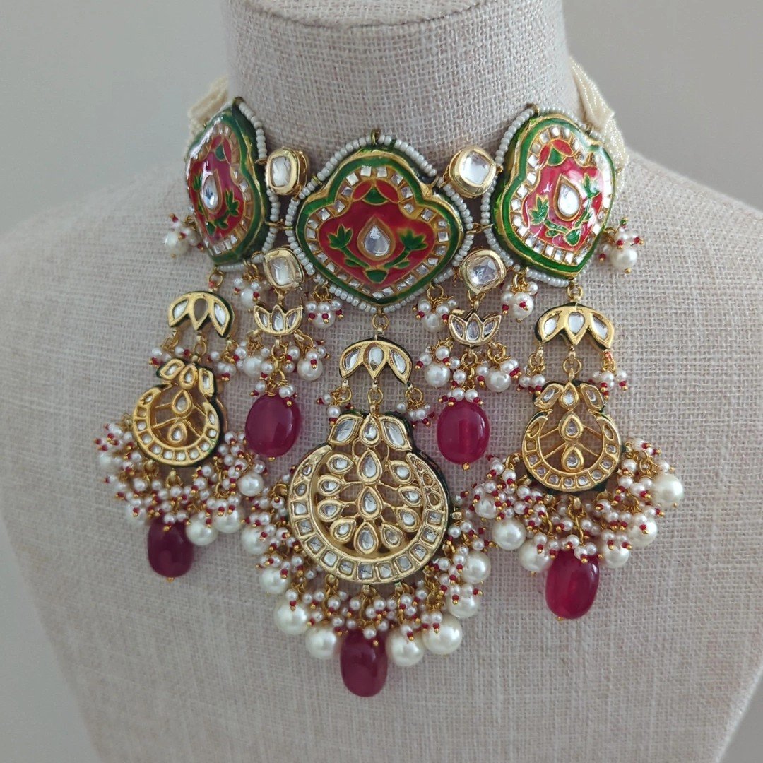 Yellow Indian Asian Meenakari Kundan Choker Necklace Jewellery Jewelry Set