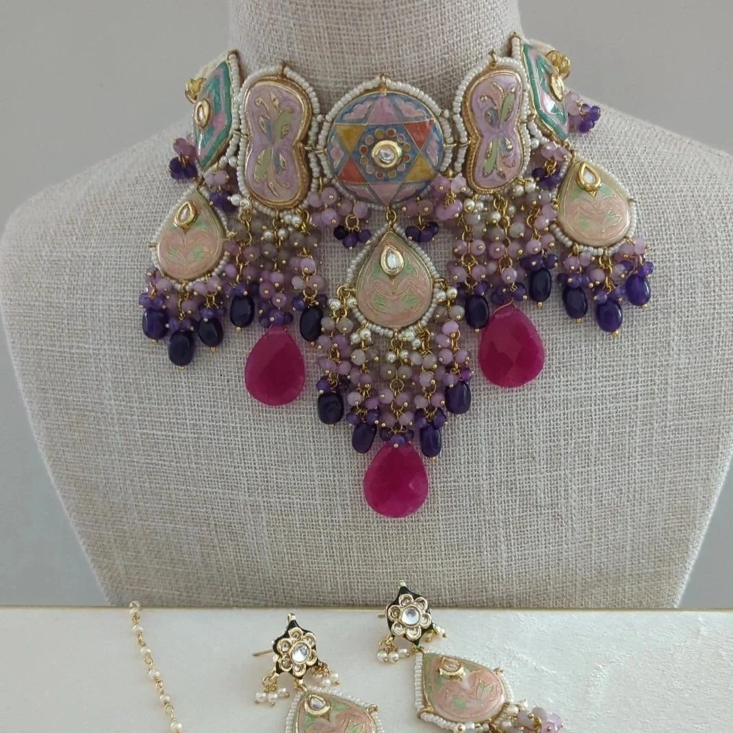 Hot Pink Purple Indian Asian Meenakari Kundan Choker Necklace Jewellery Jewelry Set