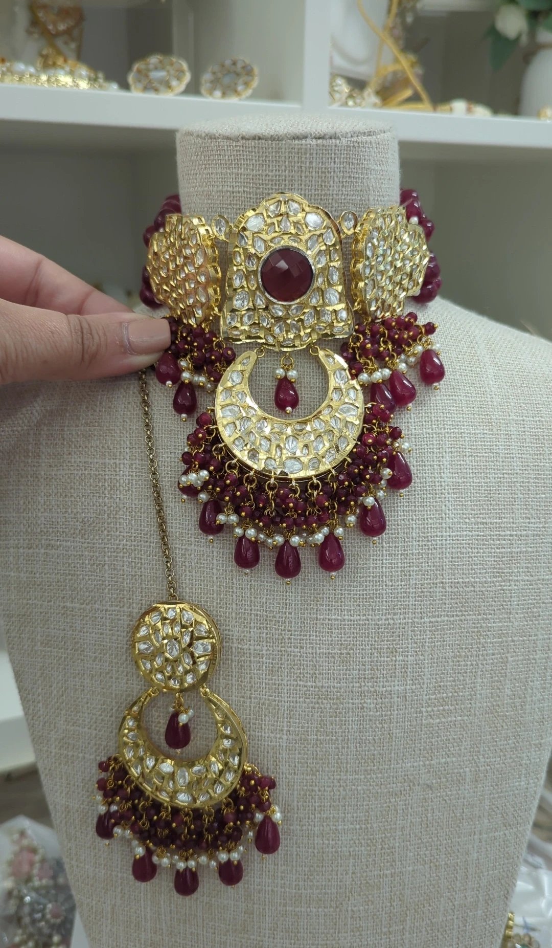 Maroon Kundan Choker & Tikka Only