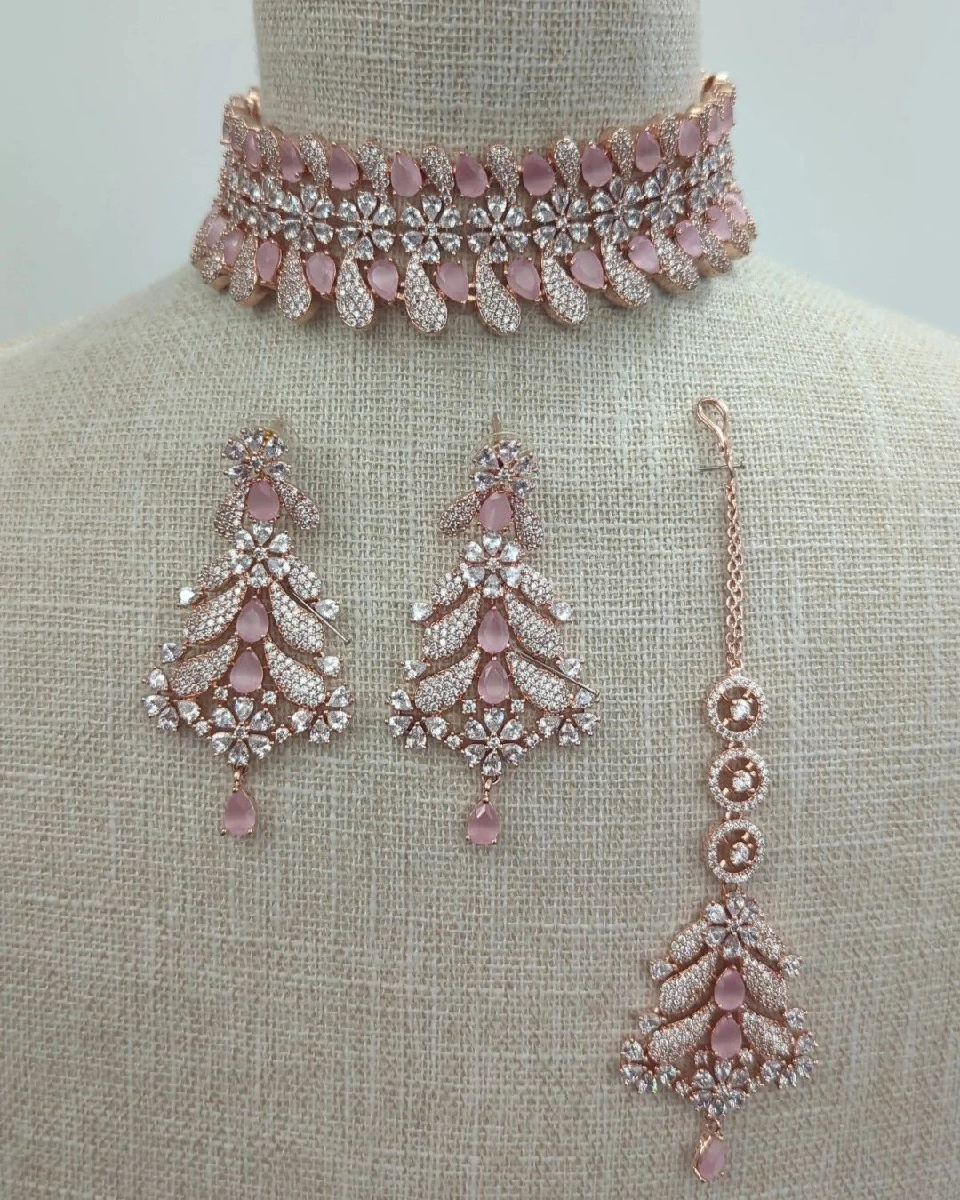 Baby Pink Rose Gold Silver American Diamond Choker Jewellery Jewelry Set Wedding Party