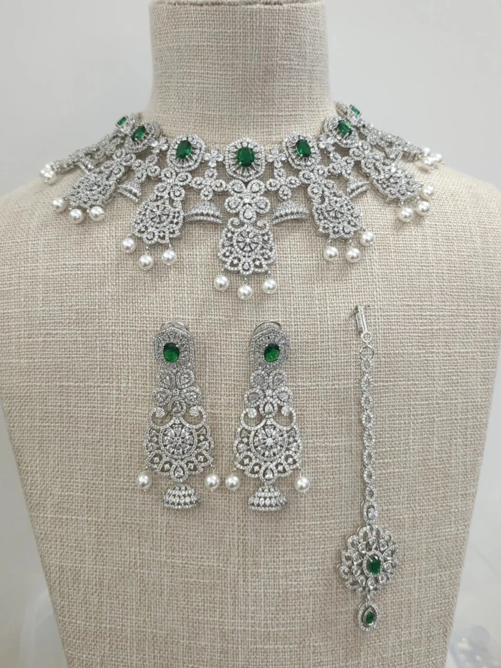 Emerald Green Intricate Stone Detailed American Diamond Necklace Jewellery Jewelry Set Bridal