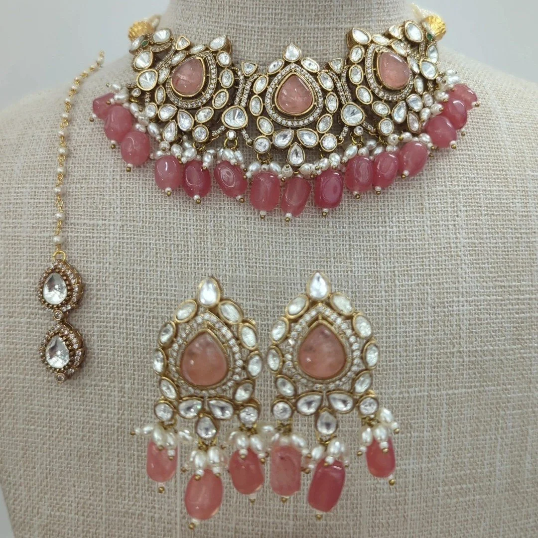 Dusty Pink Gold Silver Moissanite Choker Necklace Jewellery Jewelry Set Wedding Party