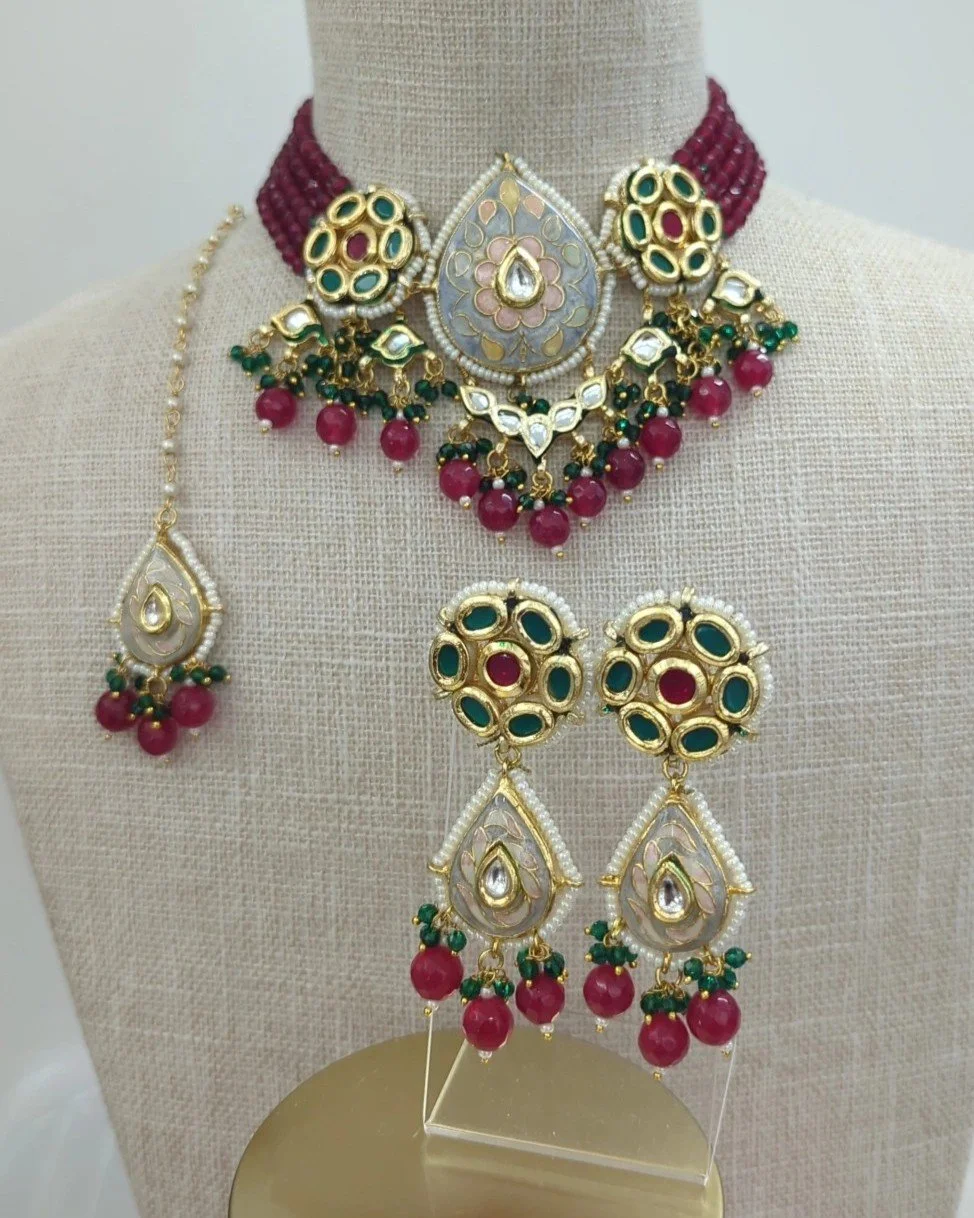 Maroon Indian Asian Meenakari Kundan Flexible Choker Necklace Jewellery Jewelry Set