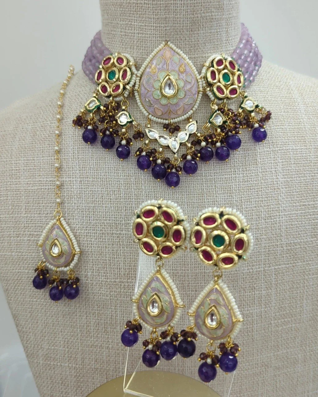 Lilac Purple Indian Asian Meenakari Kundan Flexible Choker Necklace Jewellery Jewelry Set