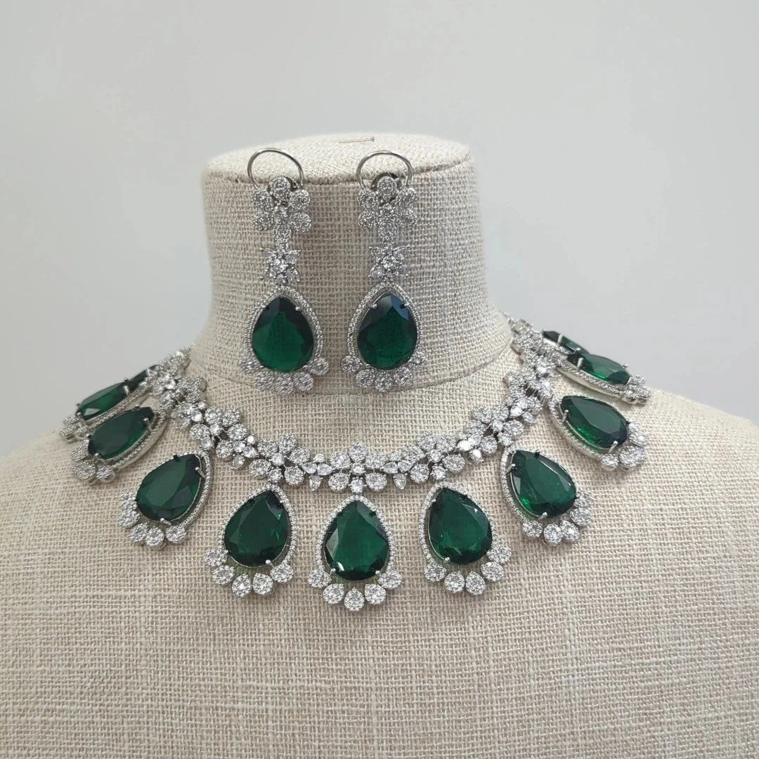 Emerald Green Silver American Diamond Necklace Set with Doublet Stones  Indian Asian Wedding Bridal — Glimour Jewellery