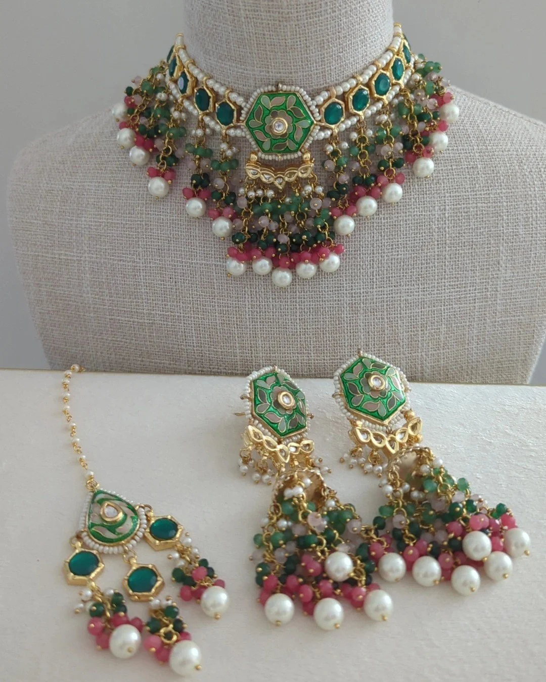 Flexible Indian Asian Peacock Green Coral Meenakari Kundan Choker Necklace Jewellery Jewelry Set
