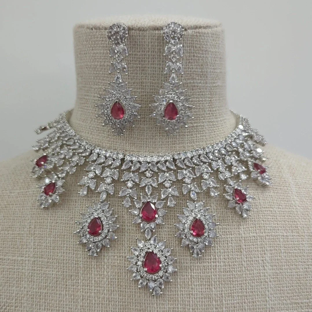 Ruby Silver Indian Asian American Diamond Necklace Jewellery Jewelry Set Wedding Party