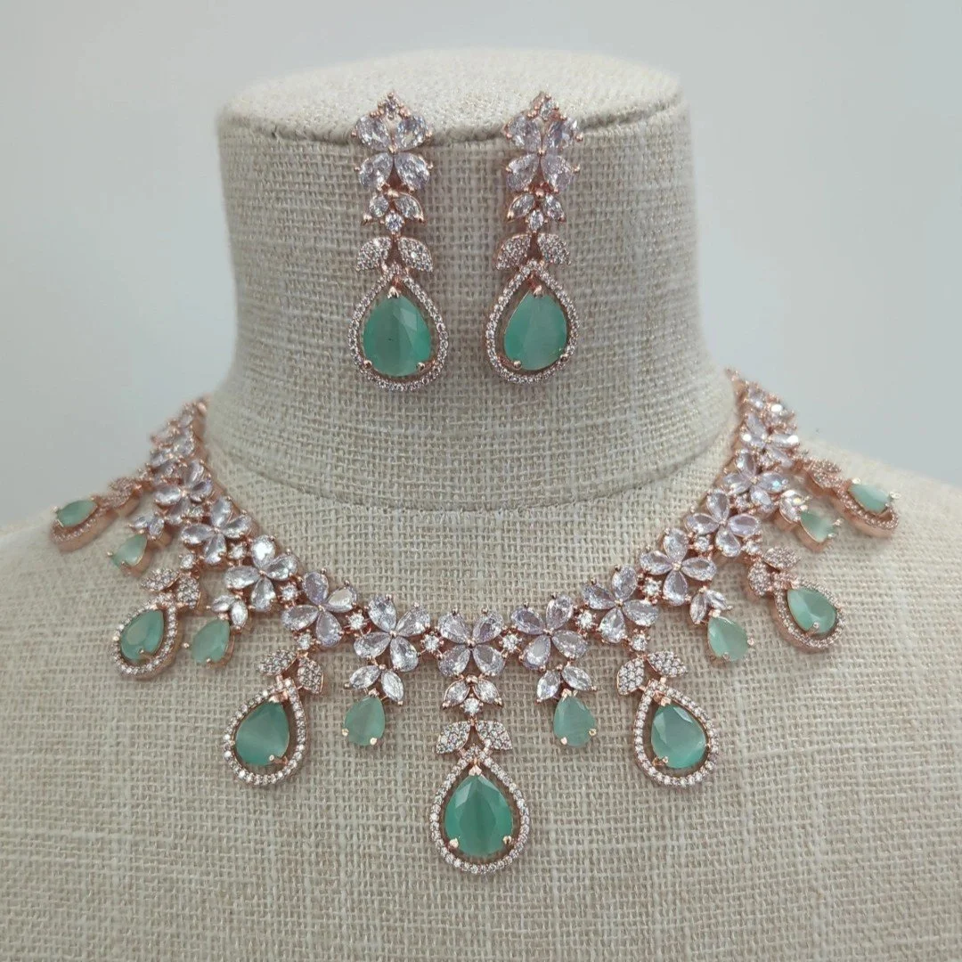 Mint Rose Gold Silver American Diamond Indian Asian Partywear Necklace Jewellery Jewelry Set