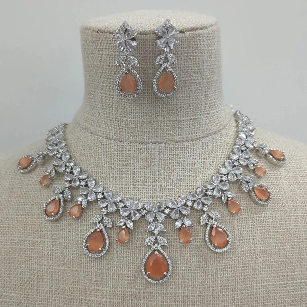 Peach Silver American Diamond Indian Asian Partywear Necklace Jewellery Jewelry Set