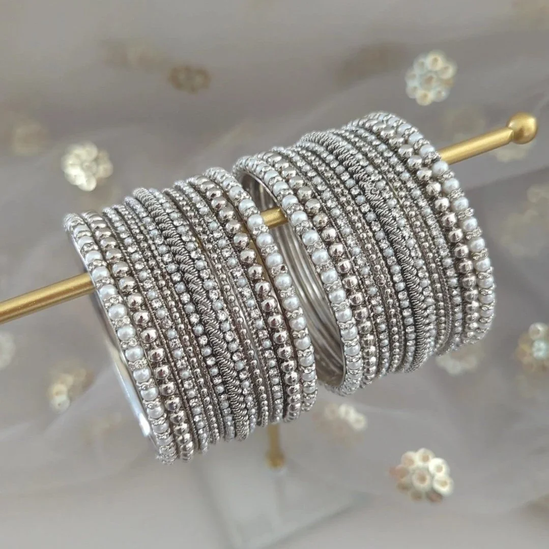 Full Silver Pearl Stone Indian Asian Bangle Set Churiya Bangles