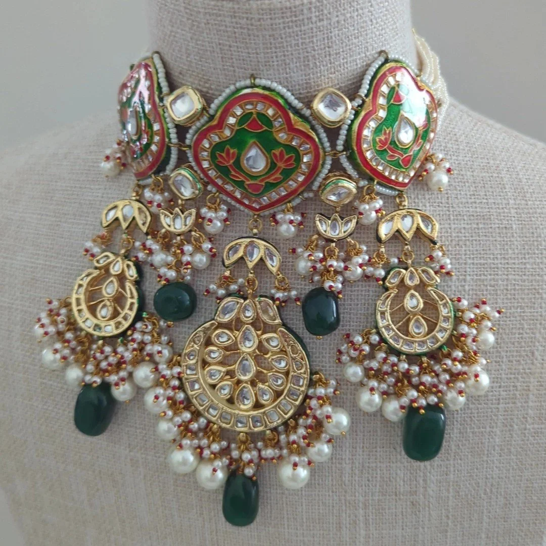 Green Indian Asian Meenakari Kundan Choker Necklace Jewellery Jewelry Set