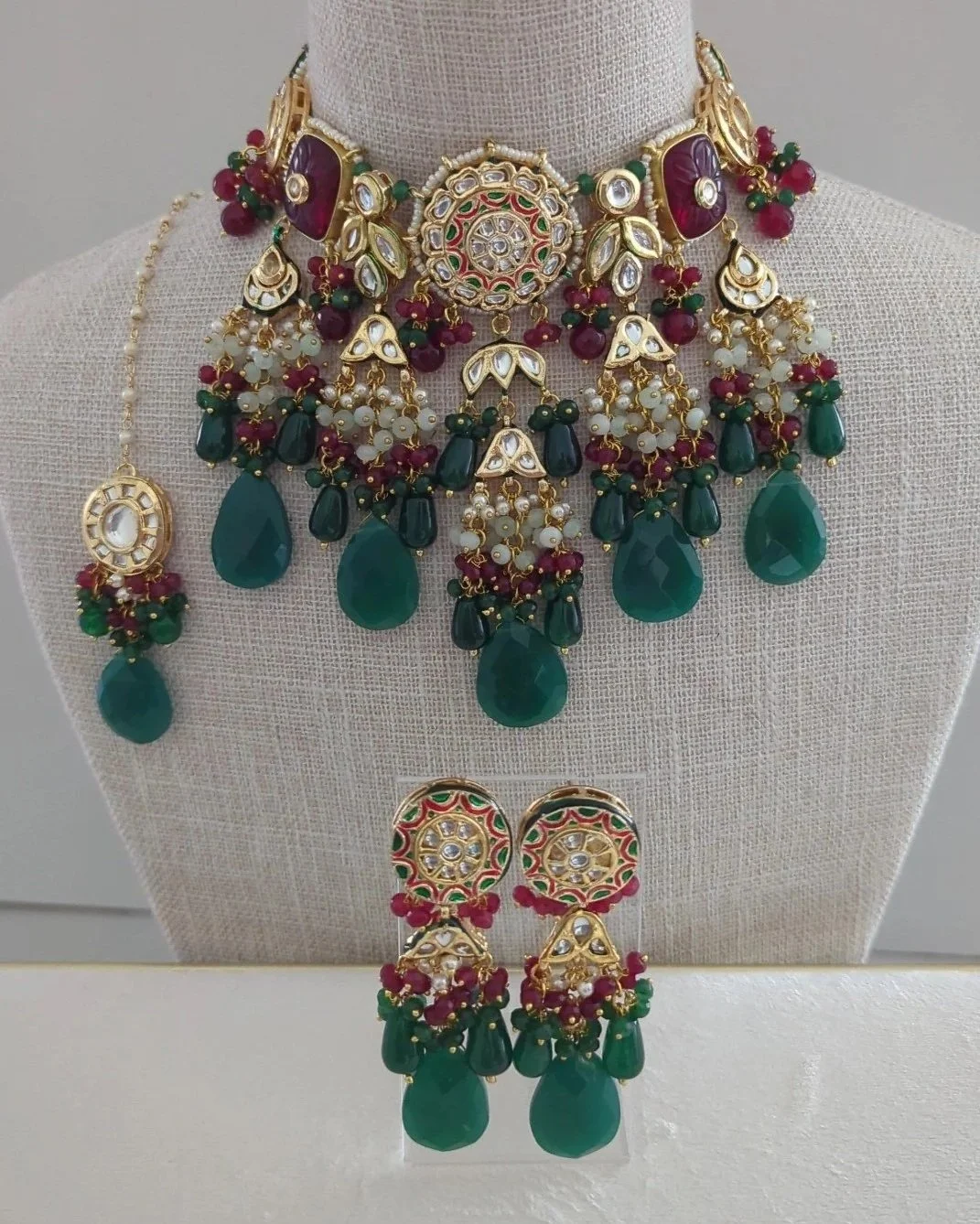 Green Indian Asian Pearl Choker Necklace Jewellery Jewelry Set