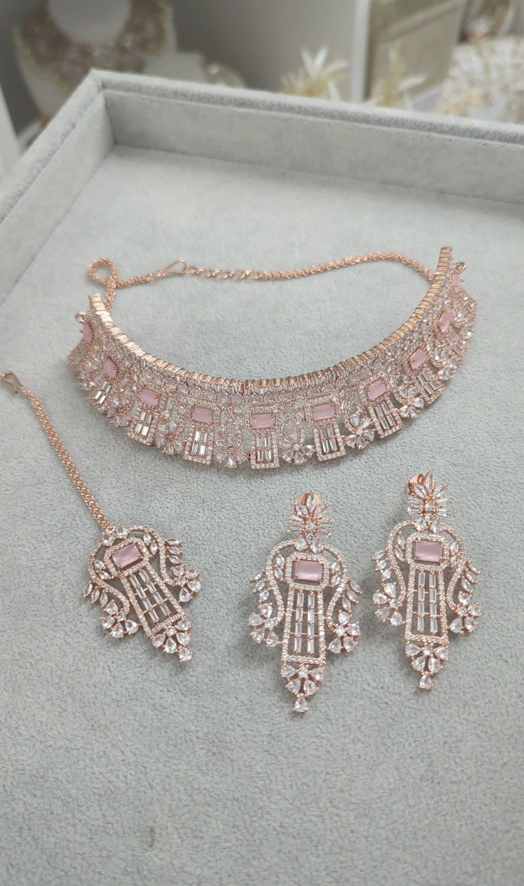 Baby Pink Rose Gold Silver American Diamond Choker Set