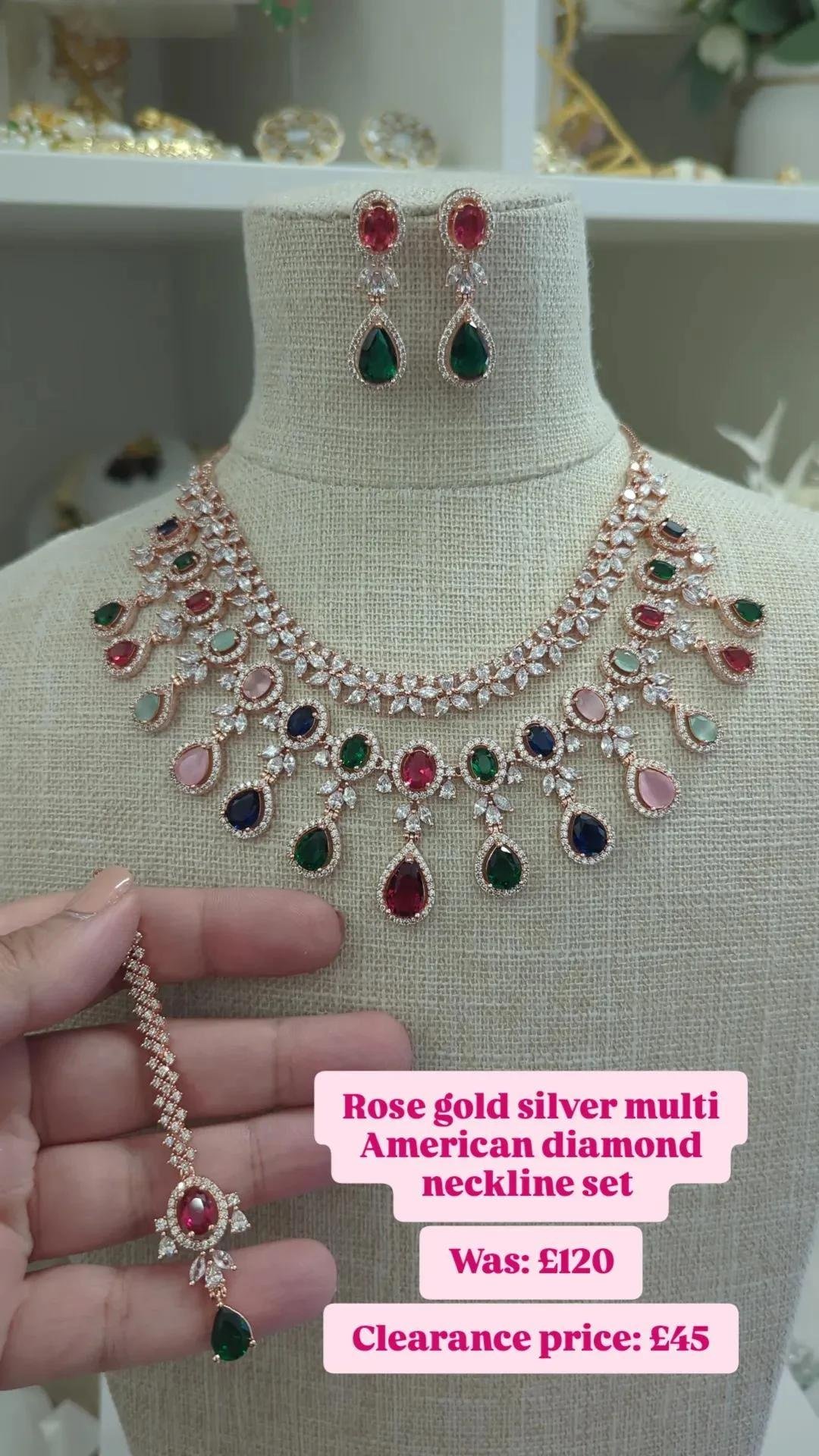Multi Rose Gold Silver American Diamond Neckline Set
