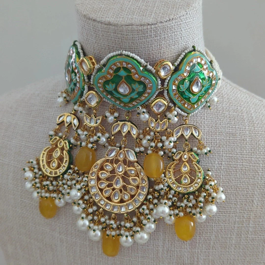 Yellow Indian Asian Meenakari Kundan Choker Necklace Jewellery Jewelry Set